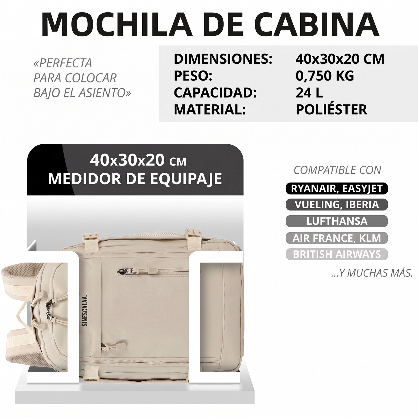 MOCHILA DE CABINA 40x30x20 CM · SINESCALAA™